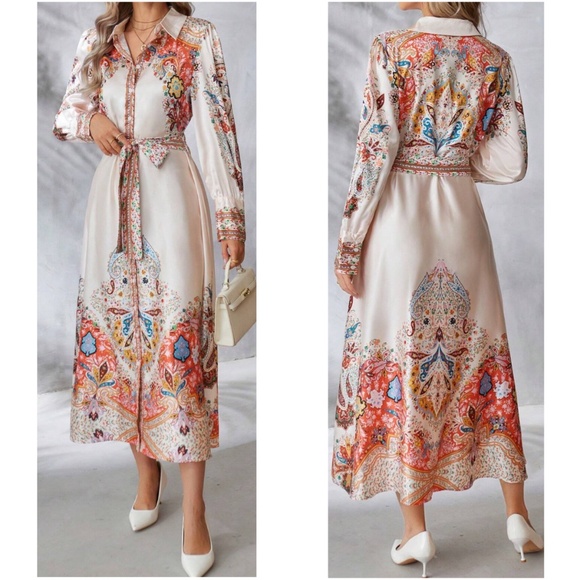 Luxe Satin Floral Print Button Down Belted Long Sleeve Dress - Picture 3 of 9